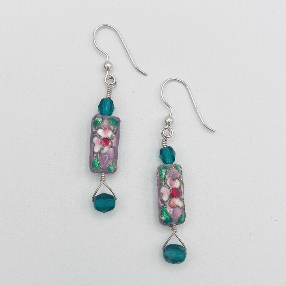 Vintage Cloisonne Earrings Green Sterling Silver Pink Flowers Dogwood Blossom
